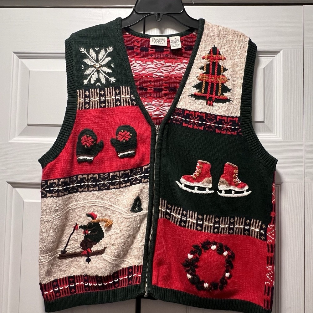 Vintage Christmas Sweater Vest Classic Elements 1X Ski Ice Skate Cottage Wreath